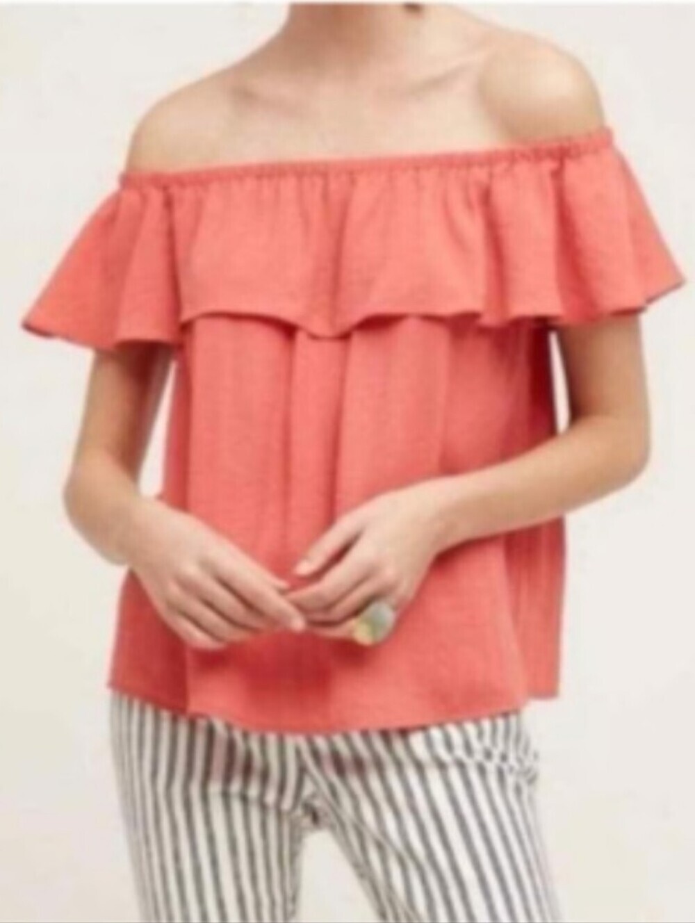 Maeve Anthropologie Off The Shoulder Ruffle Top Blouse, Color Coral Size M